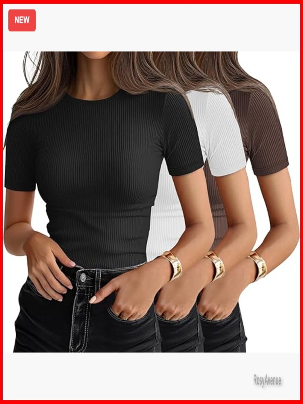3 Pack Ribbed Cotton T-Shirts, Slim Fit Crew Neck Basic Tees